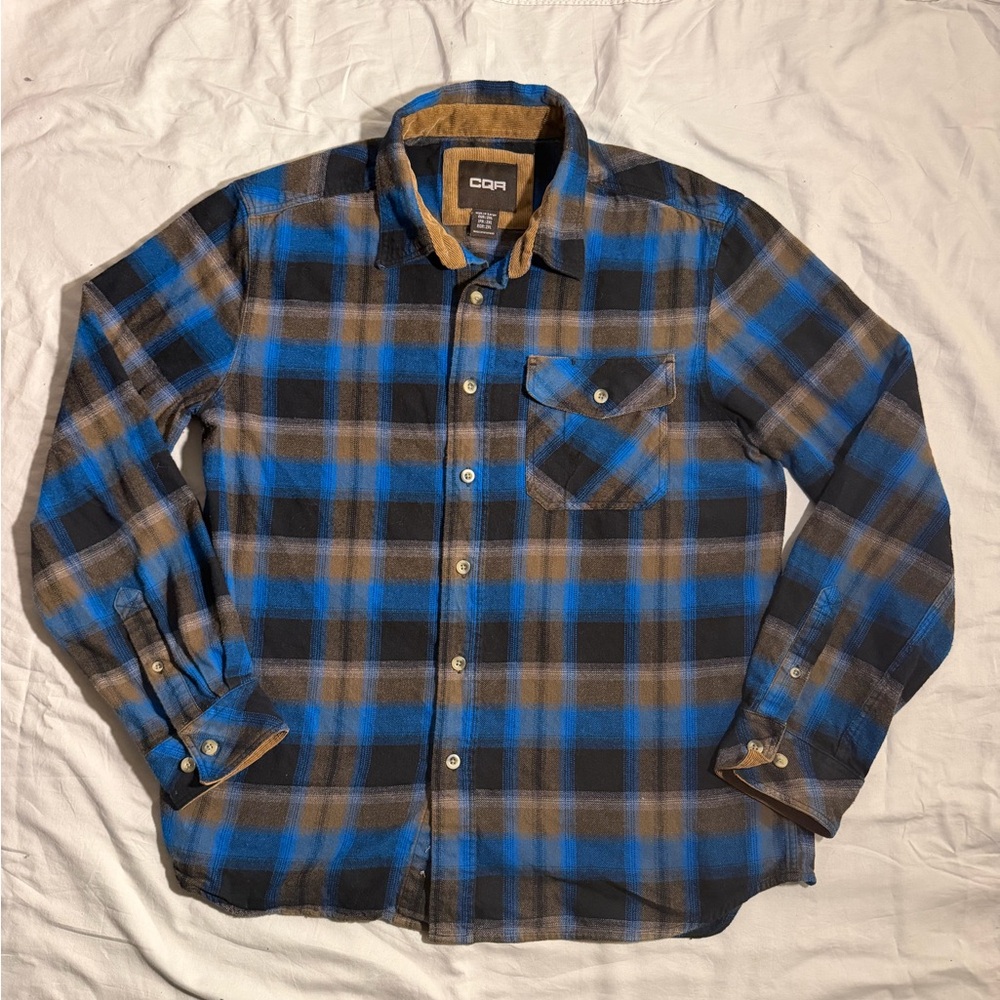 CQR Men’s Blue and Brown Plaid Flannel Shirt Size XL